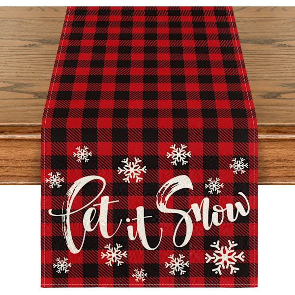 Punainen ja musta buffalo-ruudullinen \"Let It Snow\" -pöytäliina, sesongin talvi- ja joululoma-aikaan sopivaksi keittiön ja ruokailutilan pöydän koristeeksi, 13 x 108 tuumaa A