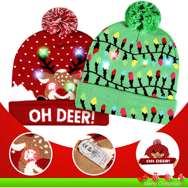2-pack Jultomte LED-stickad mössa med blinkande ljus - Färgglada blinkande juldekorationer för fest (One Size Fits More) Green, Red