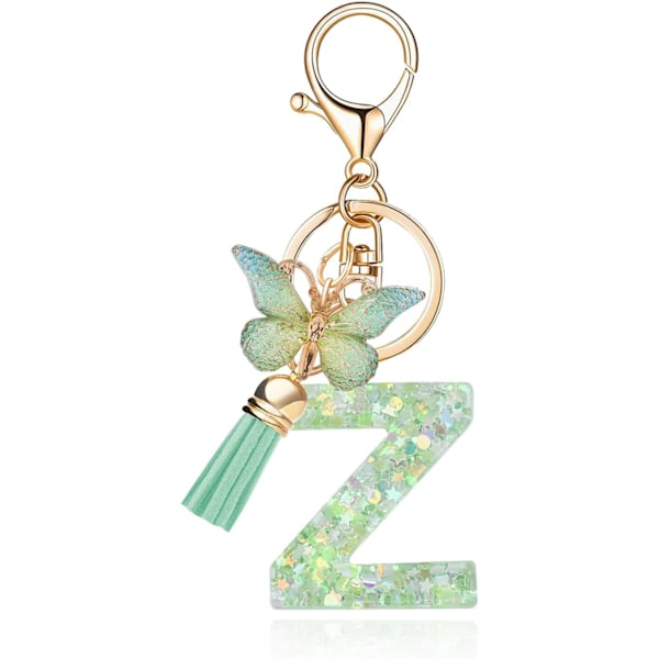 Mode Alphabet Initial Bogstav Nøglering Tassel Butterfly Vedhæng Nøglering til Pung Håndtasker Kvinder Pige Green Butterfly Letter Z