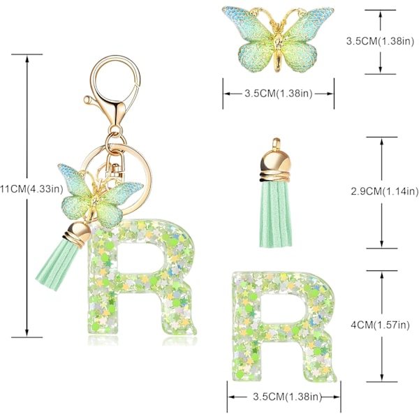 Mode Alphabet Initial Bogstav Nøglering Tassel Butterfly Vedhæng Nøglering til Pung Håndtasker Kvinder Pige Green Butterfly Letter R