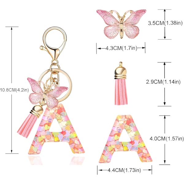 Mode Alphabet Initial Bogstav Nøglering Tassel Butterfly Vedhæng Nøglering til Pung Håndtasker Kvinder Pige Pink Butterfly Letter a