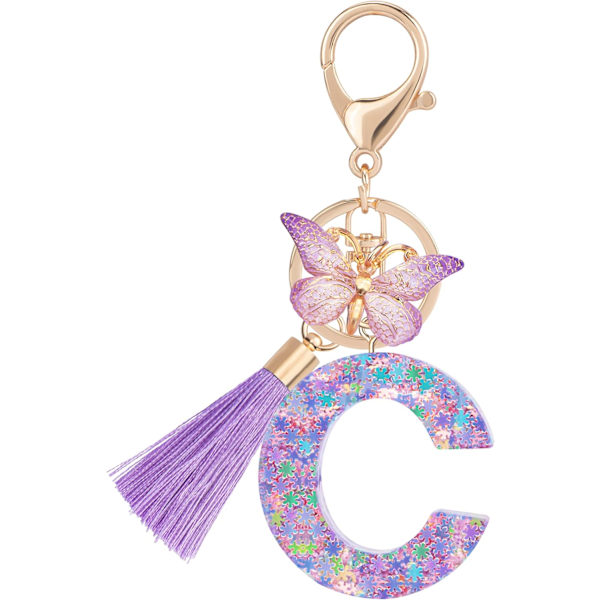 Sööt roosad võtmehoidjad naistele ja tüdrukutele, algustähega võtmehoidjad tutiga, ripatsid võtmetele, rahakotile, käekottidele ja seljakottidele Purple Butterfly Letter-c