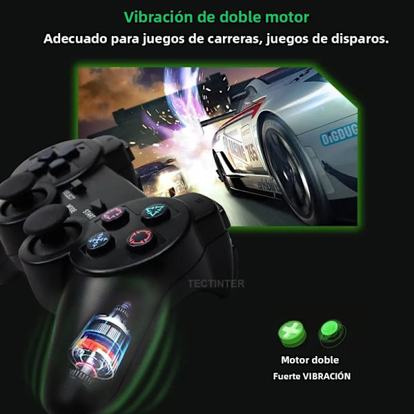 Grøn trådløs gamepad kompatibel med PS2-konsol og pc, USB-controller, dobbelt vibration