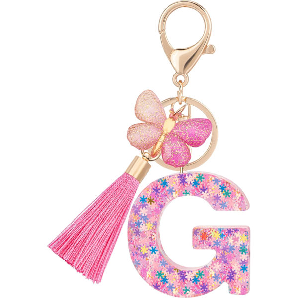 Sødt Rosa Nøglering til Kvinder Piger, Initialbogstav Nøglering med Kvast, Charms til Nøglepung Håndtasker Rygsække Colorful Pink Butterfly-g