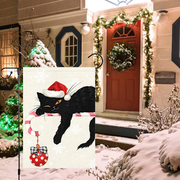 Julgransflagga 12x18 Dubbelsidig, Jutesäck Vinter Jul Klocka Svart Katt Trädgård Gräsmatta Flaggor Christmas-12" x 18"