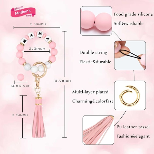 Silikonperle Armbånd Nøglering Håndledsrem Nøglering Bangle Kæder til Kvinder med Læder Kvast Mama-pink