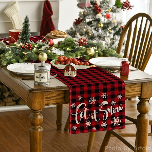 Rød og Sort Buffalo Plaid Let It Snow Bordløber, Sæsonbestemt Vinter Jul Ferie Køkken Spisebord Dekoration 13 x 72 Tommer C