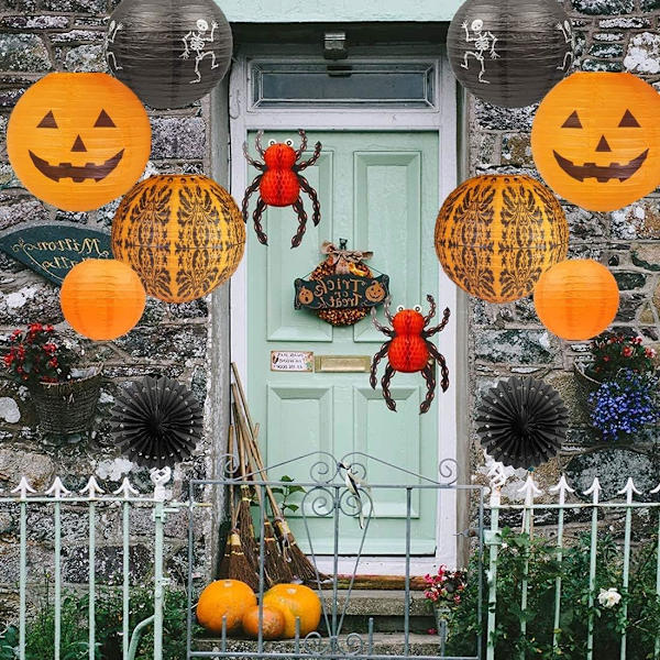 12 stk Halloween Hengedekorasjoner Papirlykter, Jack-O'-Lantern Edderkopp Skjelett Gresskar for Innendørs & Utendørs Skummel Hjemmedekor