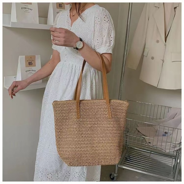 Vävda väska Mode Stor Kapacitet Casual Dam Axel Rem Väska Strandväska - Karamellfärg Caramel Color