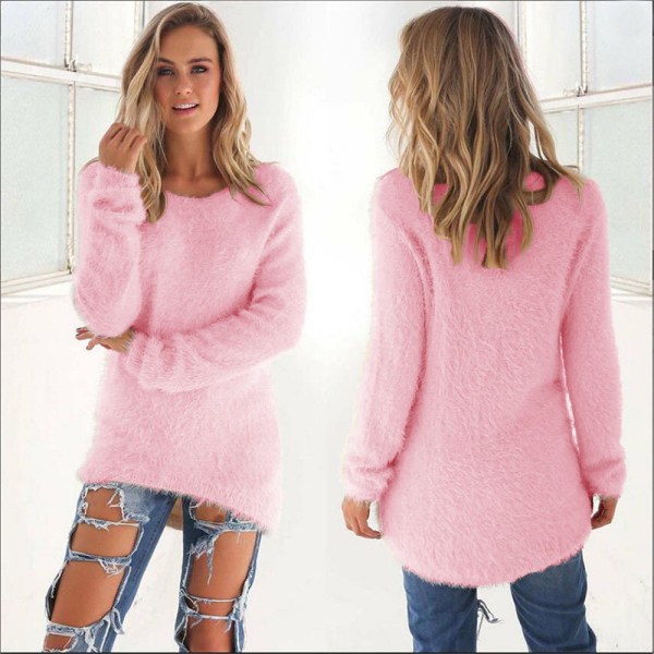 Dame dampet fløyel genser Jumper Pullover Sweatshirt Topp pink L