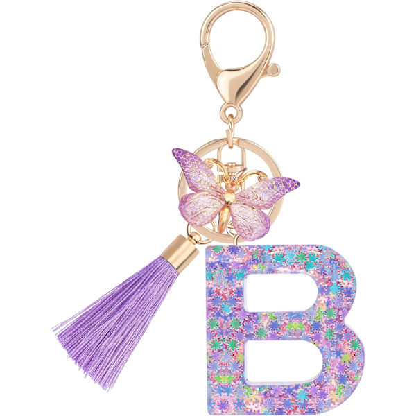 Sööt roosad võtmehoidjad naistele ja tüdrukutele, algustähega võtmehoidjad tutiga, ripatsid võtmetele, rahakotile, käekottidele ja seljakottidele Purple Butterfly Letter-b