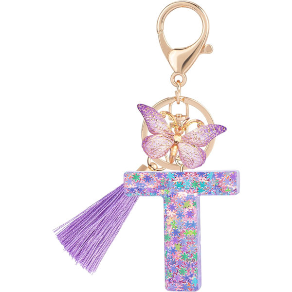 Sööt roosad võtmehoidjad naistele ja tüdrukutele, algustähega võtmehoidjad tutiga, ripatsid võtmetele, rahakotile, käekottidele ja seljakottidele Purple Butterfly Letter-t