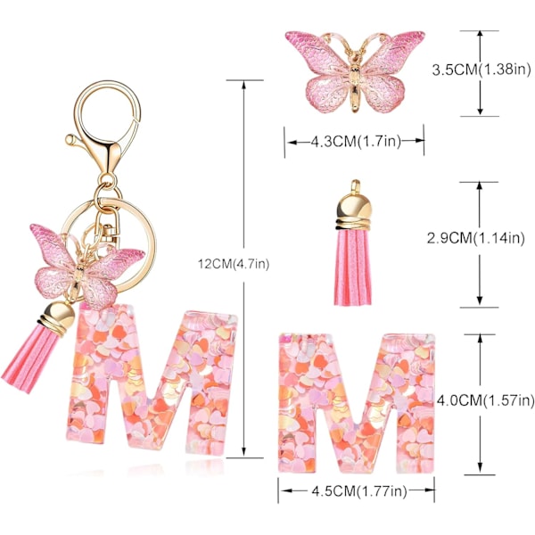 Mode Alphabet Initial Bogstav Nøglering Tassel Butterfly Vedhæng Nøglering til Pung Håndtasker Kvinder Pige Pink Butterfly Letter M