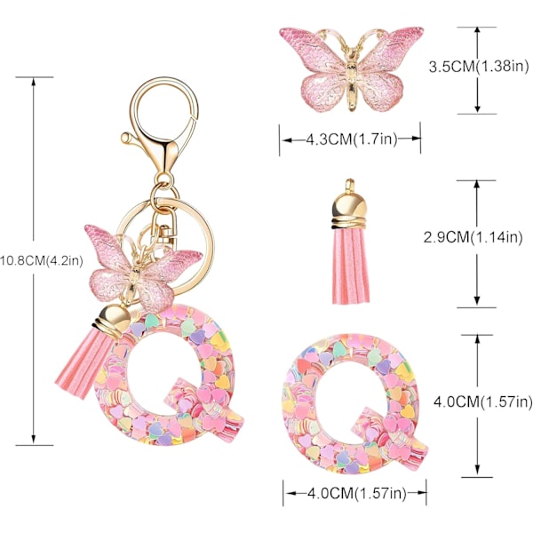 Mode Alphabet Initial Bogstav Nøglering Tassel Butterfly Vedhæng Nøglering til Pung Håndtasker Kvinder Pige Pink Butterfly Letter Q