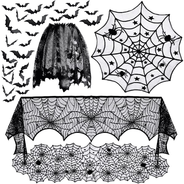 Tiltræk 5-pak Halloween Dekorationer Dug Sort Blonder Rund Spindel Edderkoppespind Borddække Pejs Sjal Spindel Lampeklokke med 12 stk. Gysende 3D Flaggermus