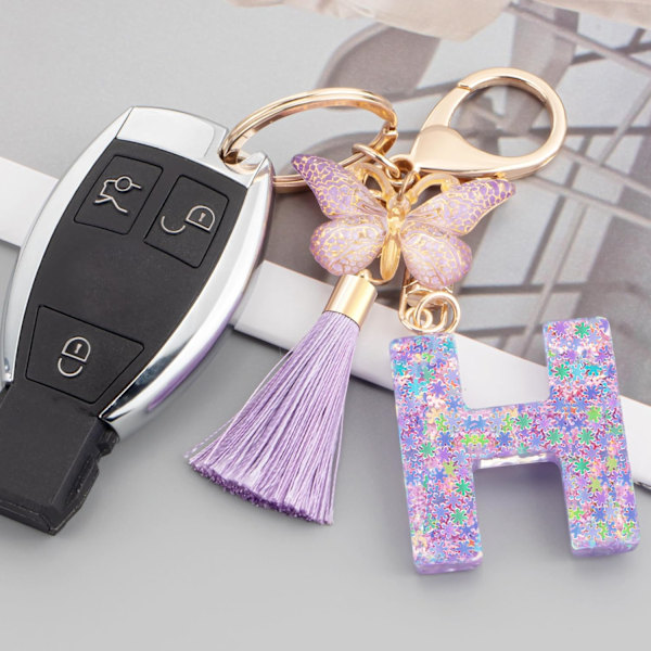Sødt Rosa Nøglering til Kvinder Piger, Initialbogstav Nøglering med Kvast, Charms til Nøglepung Håndtasker Rygsække Purple Butterfly Letter-h