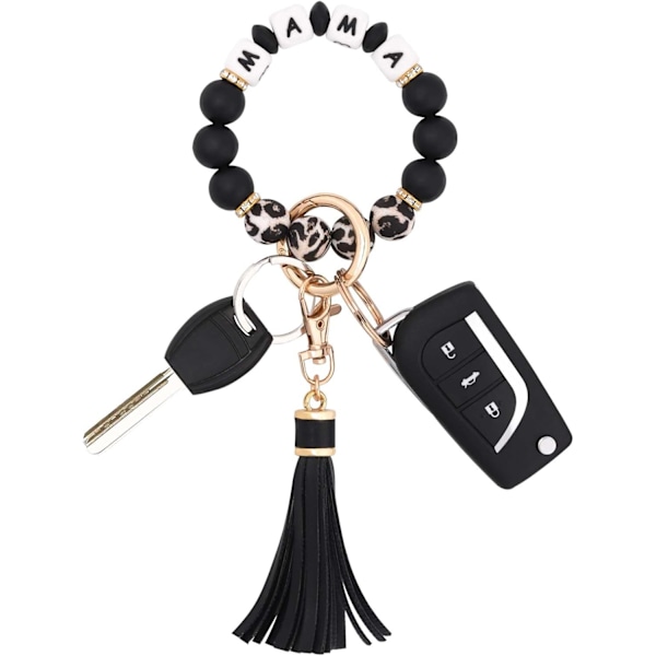 Silikonperle Armbånd Nøglering Håndledsrem Nøglering Bangle Kæder til Kvinder med Læder Kvast Mama-leopard and Black