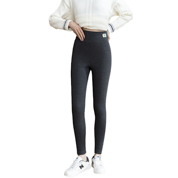 Djupgrå höst-vinter damer supertjocka fleecefodrade leggings med ribbade vertikala ränder, hög midja, bekväma och varma, korta för ytterkläder M (70-90 catties)