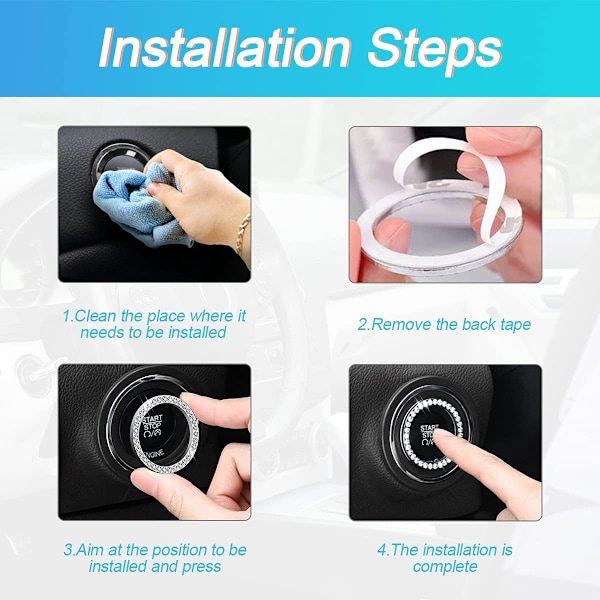 Car Bling Crystal Rhinestone Engine Start Ring Stickers, 1 Single Drainage Drill og 1 Double Drainage Drill Car Start Button Cover(Silver) Silver