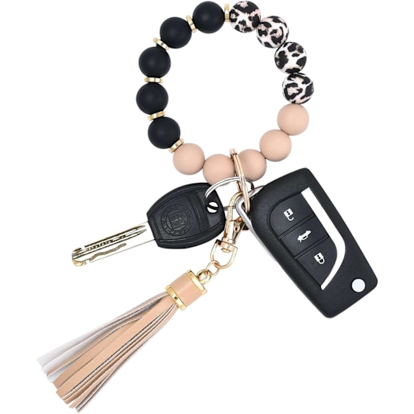 Silikonperle Armbånd Nøglering Håndledsrem Nøglering Bangle Kæder til Kvinder med Læder Kvast Khaki Black