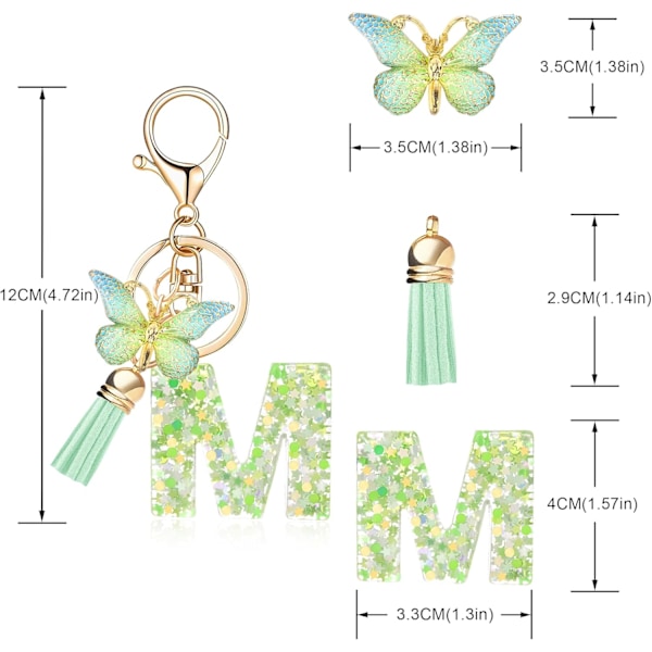 Mode Alphabet Initial Bogstav Nøglering Tassel Butterfly Vedhæng Nøglering til Pung Håndtasker Kvinder Pige Green Butterfly Letter M