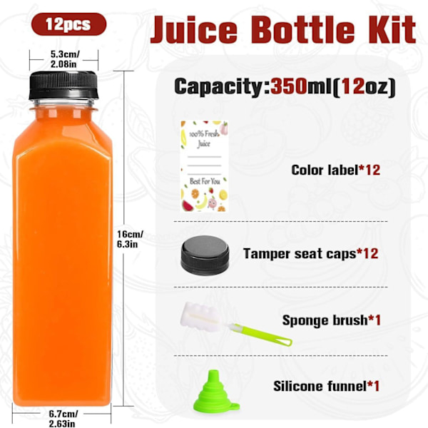 Plastflasker for juice med lokk 12 stk, 12oz gjenbrukbare juicebeholdere med manipulasjonssikre lokk Svart, Klar juiceflasker for juicing, melk, smoothie