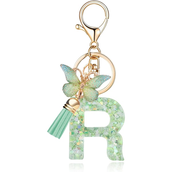 Mode Alphabet Initial Bogstav Nøglering Tassel Butterfly Vedhæng Nøglering til Pung Håndtasker Kvinder Pige Green Butterfly Letter R