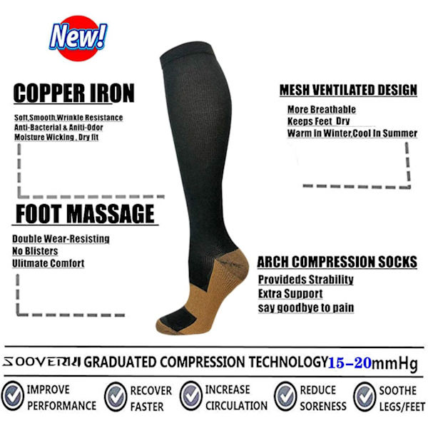 Graderade Koppar Kompressionsstrumpor för Män & Kvinnor Cirkulation 8 Par 15-20mmHg - Bäst för Löpning Atletisk Cykling L-XL 01 Black