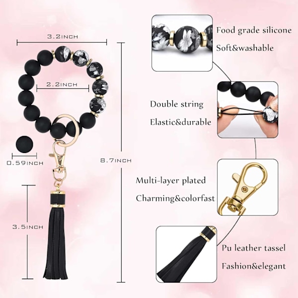 Silikonperle Armbånd Nøglering Håndledsrem Nøglering Bangle Kæder til Kvinder med Læder Kvast Flower Black