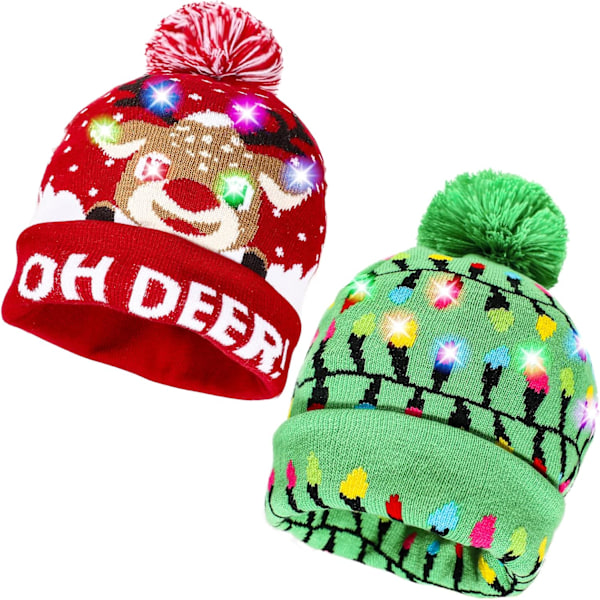 2-pack Jultomte LED-stickad mössa med blinkande ljus - Färgglada blinkande juldekorationer för fest (One Size Fits More) Green, Red