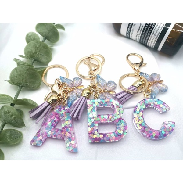 Lilla-Blå Pink Grøn Harpiks Alfabet Initial Bogstav Nøglering Tassel Butterfly Nøglering til Pung Håndtaske Bilnøgler Purple Bue-c