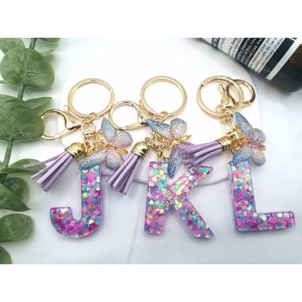 Lilla-Blå Pink Grøn Harpiks Alfabet Initial Bogstav Nøglering Tassel Butterfly Nøglering til Pung Håndtaske Bilnøgler Purple Bue-c