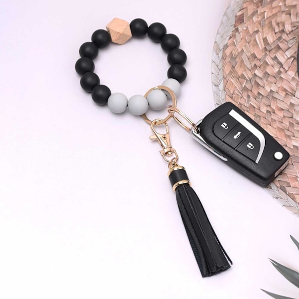 Silikonperle Armbånd Nøglering Håndledsrem Nøglering Bangle Kæder til Kvinder med Læder Kvast Black