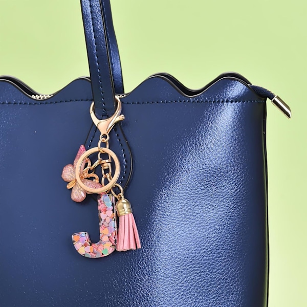 Mode Alphabet Initial Bogstav Nøglering Tassel Butterfly Vedhæng Nøglering til Pung Håndtasker Kvinder Pige Pink Butterfly Letter J