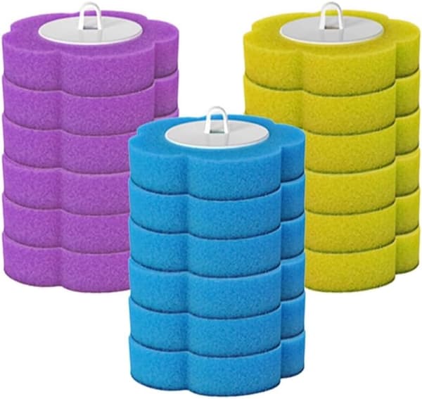 Engangs toalettbørste refill svamper, 18 stk, 3 lag, blå, lilla, gul 18pcs