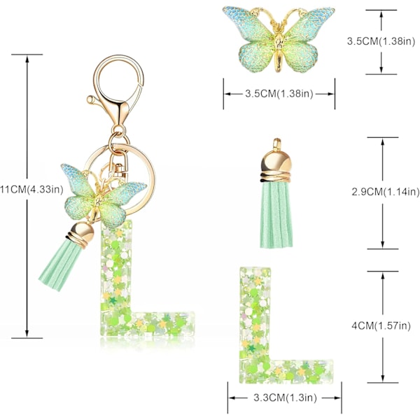 Mode Alphabet Initial Bogstav Nøglering Tassel Butterfly Vedhæng Nøglering til Pung Håndtasker Kvinder Pige Green Butterfly Letter L