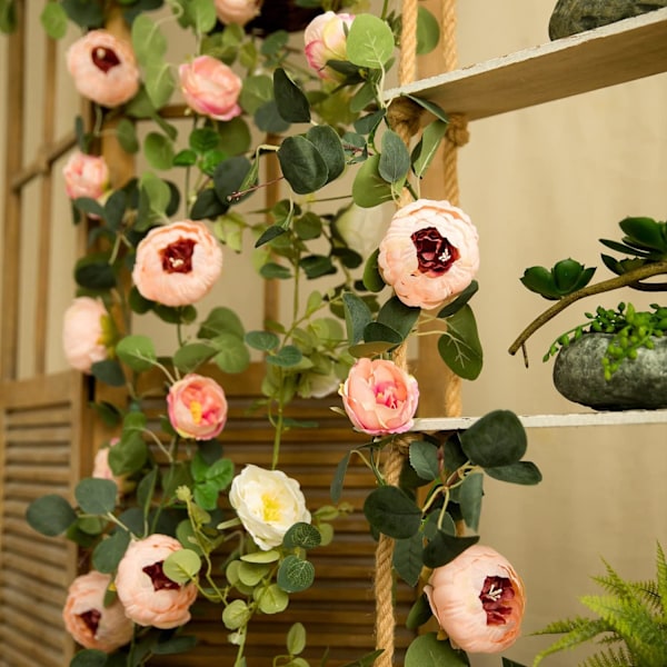 Konstgjorda Eucalyptusgirlander med Blomma, 8 Huvud Pionblommor Rankor, Gröna Blomgirlander Dekoration för Bröllopsbåge, Vägg Bakgrund, Bröllop pink