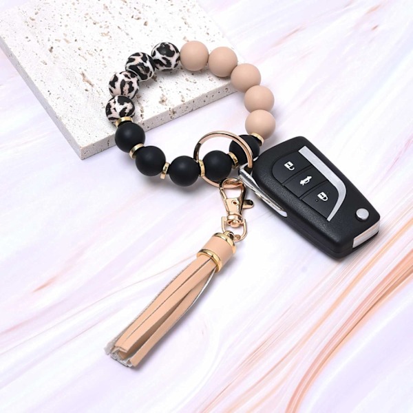 Silikonperle Armbånd Nøglering Håndledsrem Nøglering Bangle Kæder til Kvinder med Læder Kvast Khaki Black