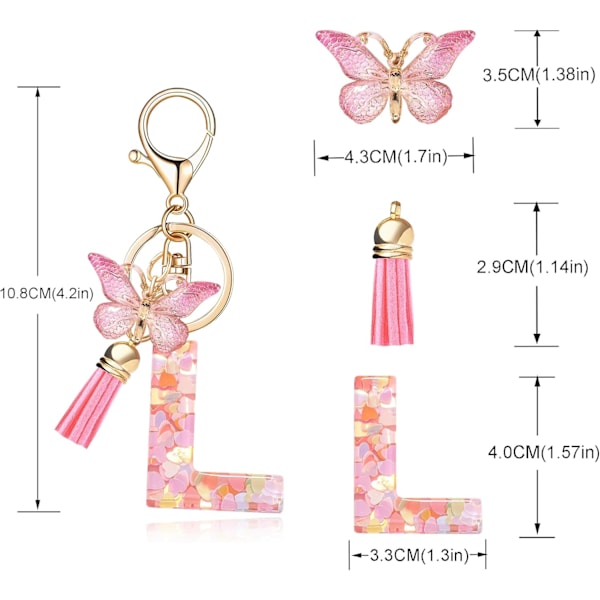 Mode Alphabet Initial Bogstav Nøglering Tassel Butterfly Vedhæng Nøglering til Pung Håndtasker Kvinder Pige Pink Butterfly Letter L