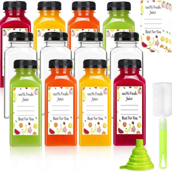 Plastflasker for juice med lokk 12 stk, 12oz gjenbrukbare juicebeholdere med manipulasjonssikre lokk Svart, Klar juiceflasker for juicing, melk, smoothie
