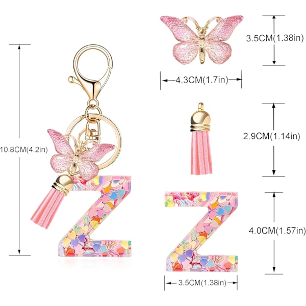Mode Alphabet Initial Bogstav Nøglering Tassel Butterfly Vedhæng Nøglering til Pung Håndtasker Kvinder Pige Pink Butterfly Letter Z