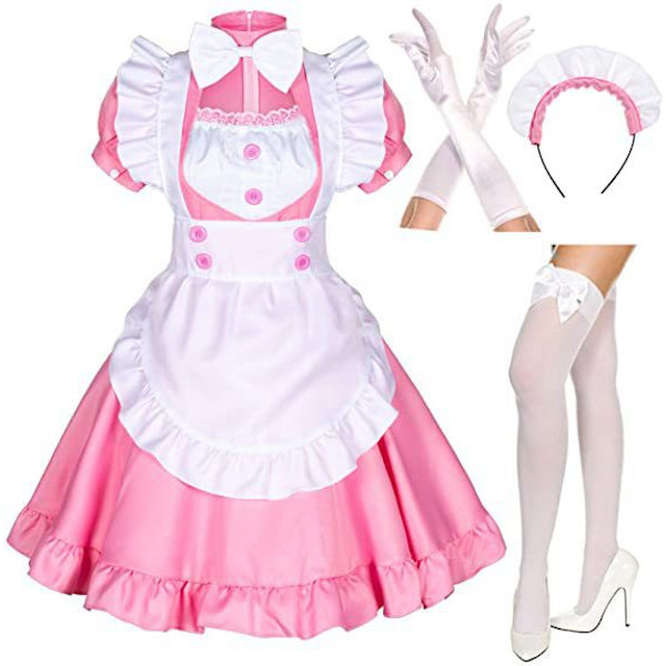 Lolita Pigekjole Sort og Hvid Uniform Kjole Pink og Hvid L C L