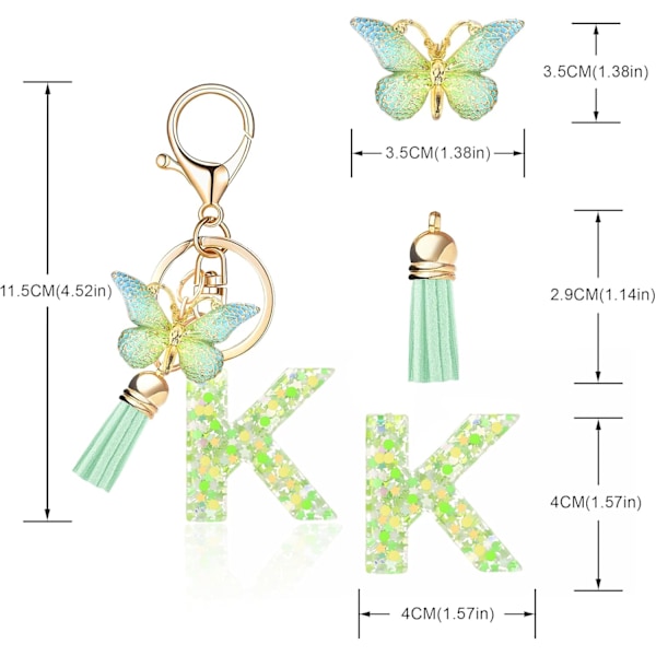 Mode Alphabet Initial Bogstav Nøglering Tassel Butterfly Vedhæng Nøglering til Pung Håndtasker Kvinder Pige Green Butterfly Letter K
