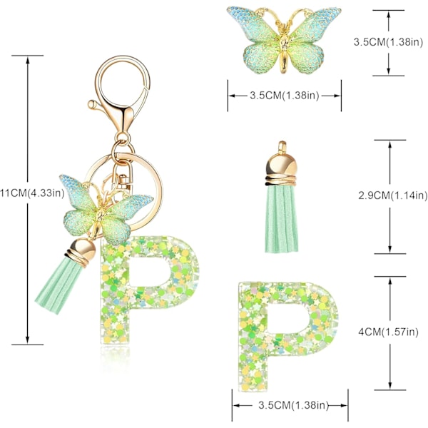 Mode Alphabet Initial Bogstav Nøglering Tassel Butterfly Vedhæng Nøglering til Pung Håndtasker Kvinder Pige Green Butterfly Letter P