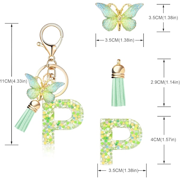 Mode Alphabet Initial Brevkedja Tassel Fjäril Hänge Nyckelring för Plånbok Handväskor Kvinna Flicka Green Butterfly Letter P