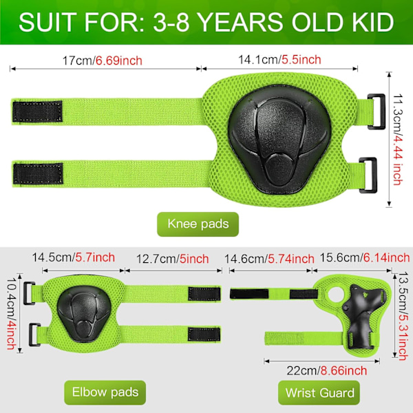 Skyddsutrustning för barn - Knäskydd för barn 3-14 år, knä- och armbågsskydd för småbarn med handledsskydd 3 i 1 S Green