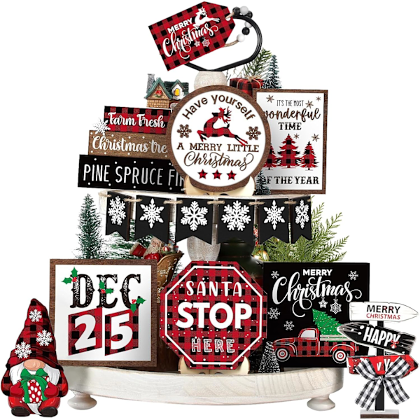 15 stk Julepynt til Lagdelt Brett Juledekorasjoner Juletre Snøfnugg Nisse Lastebil Elg Tre Skilt Perlegardin Buffalo Plaid Dekor