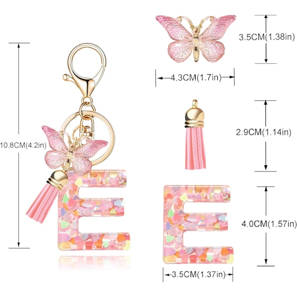 Mode Alphabet Initial Bogstav Nøglering Tassel Butterfly Vedhæng Nøglering til Pung Håndtasker Kvinder Pige Pink Butterfly Letter E