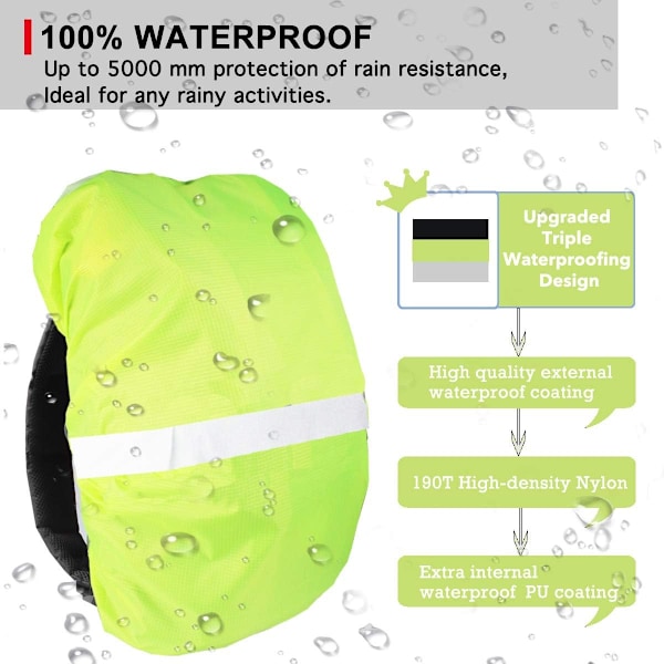 Hög Synlighet Ryggsäcksregnöverdrag med Reflekterande Remsa 100% Vattentät Ultralätt Ryggsäcksöverdrag, Förvaringsficka, Neon Grön M (För 25L-35L Ryggsäck) Neon Green M