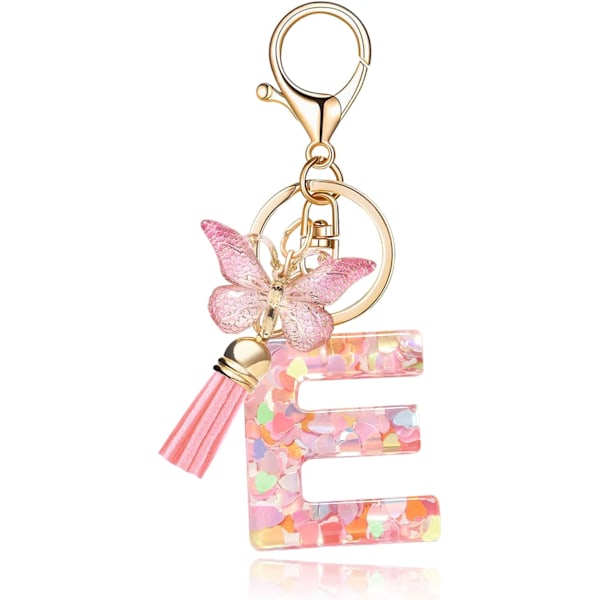 Mode Alphabet Initial Bogstav Nøglering Tassel Butterfly Vedhæng Nøglering til Pung Håndtasker Kvinder Pige Pink Butterfly Letter E